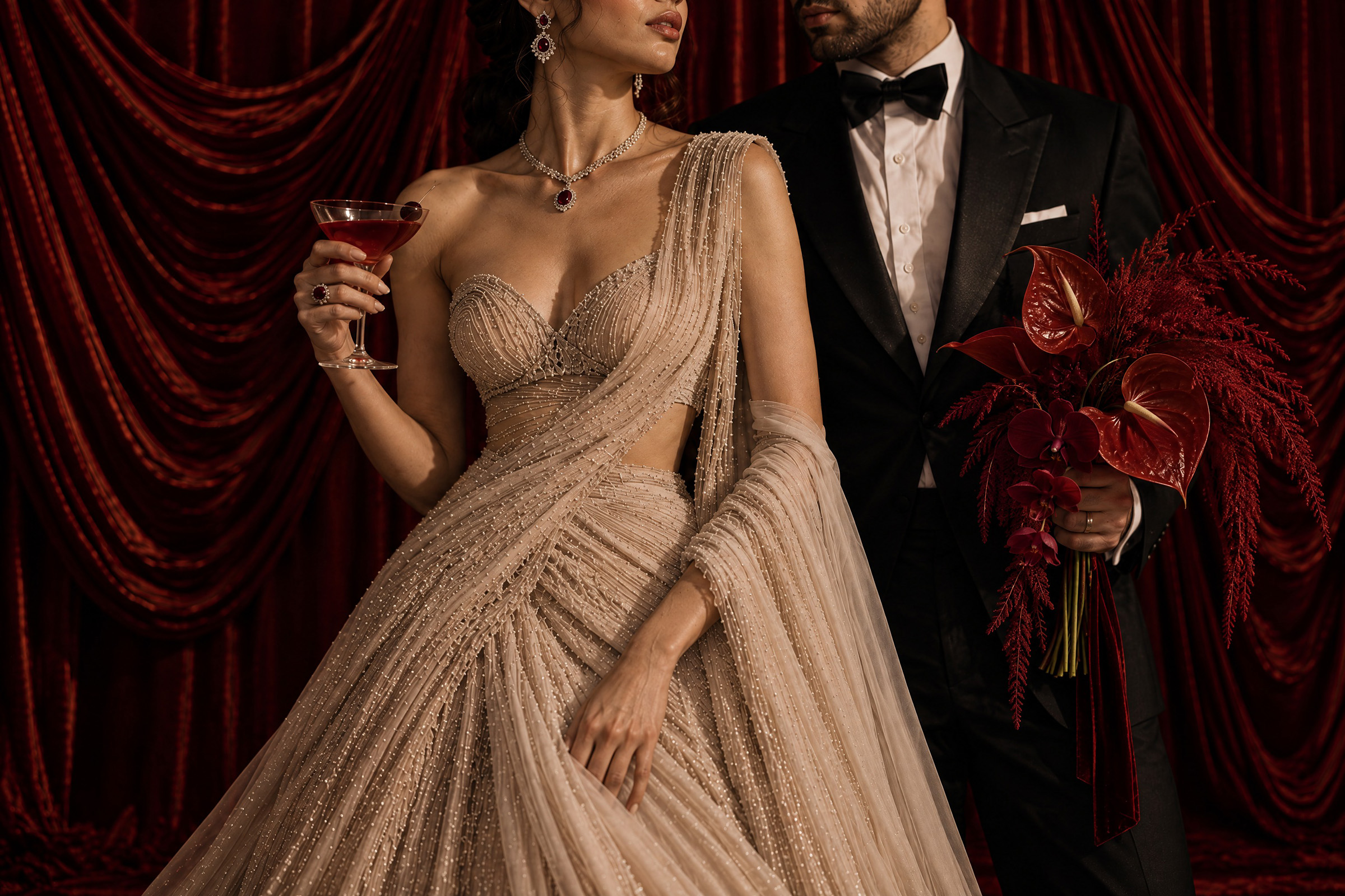 Crimson velvet reception editorial with richly textured wedding details