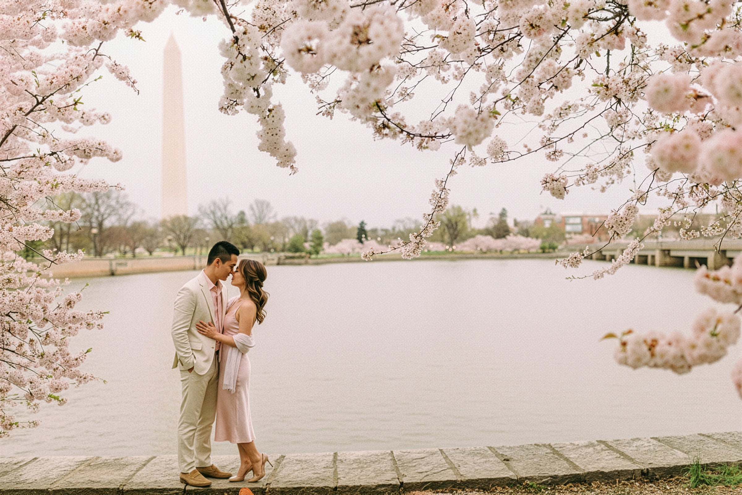 An engaged couple beneath cherry blossoms