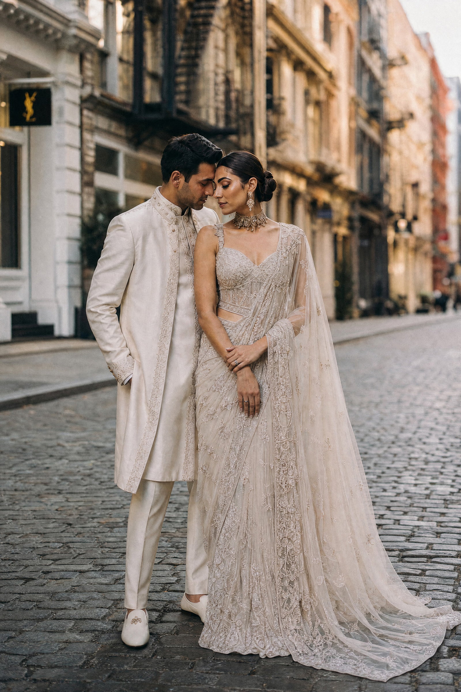 A couple in ivory wedding attire on a cobbled street framed by ornate city buildings