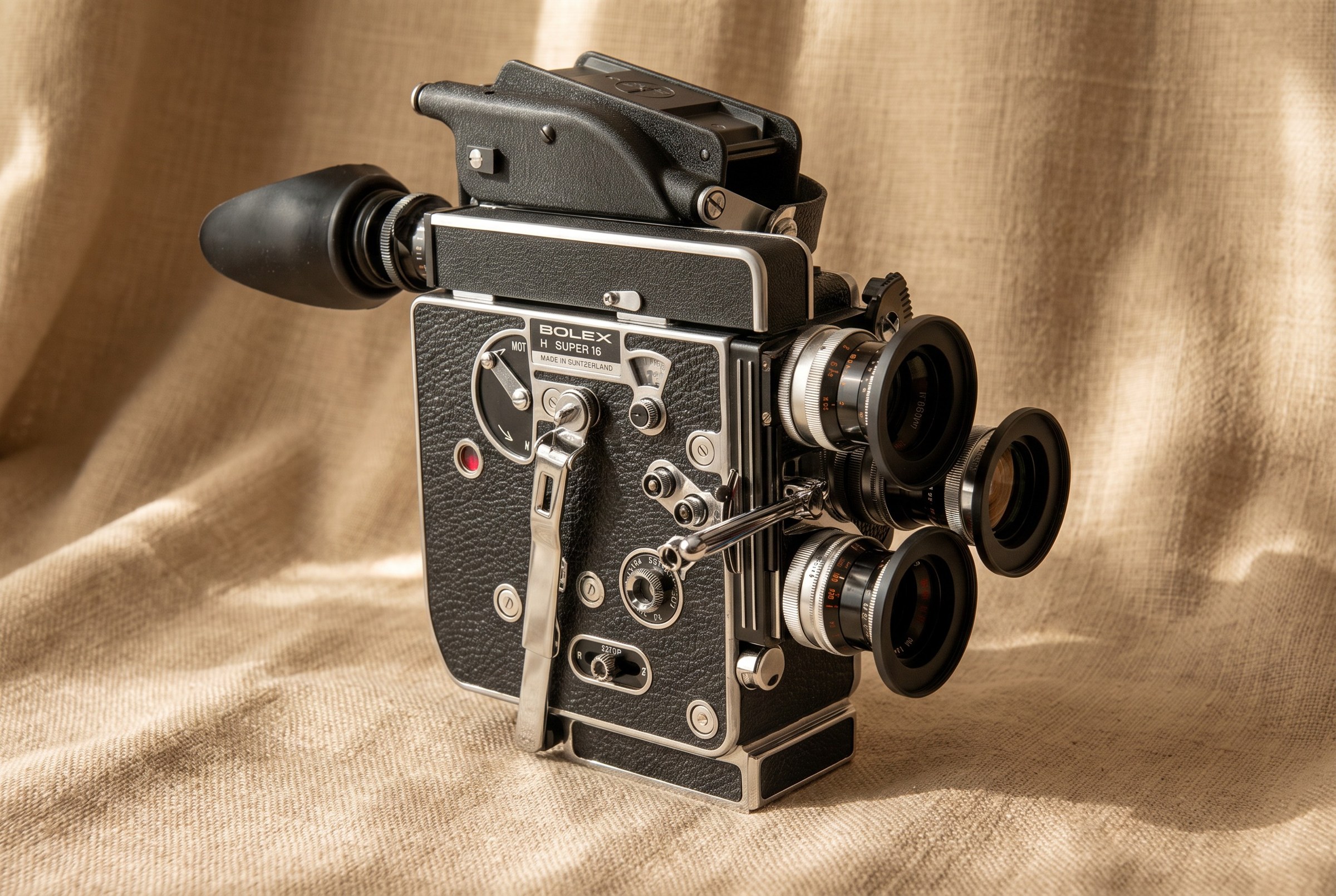 A Bolex 16mm film camera in warm natural light